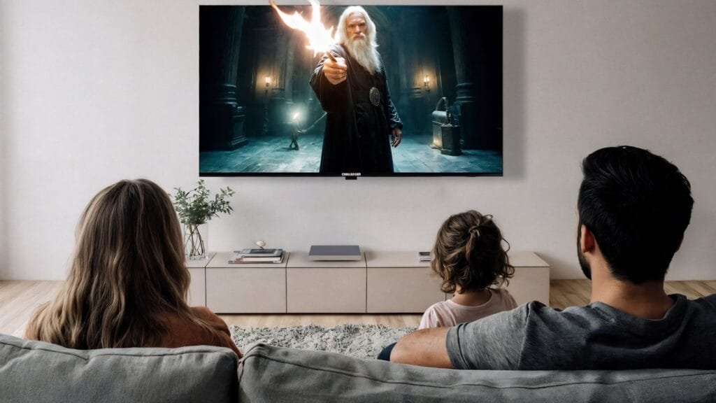 Familia colombiana viendo película de fantasía en televisor Challenger en sala