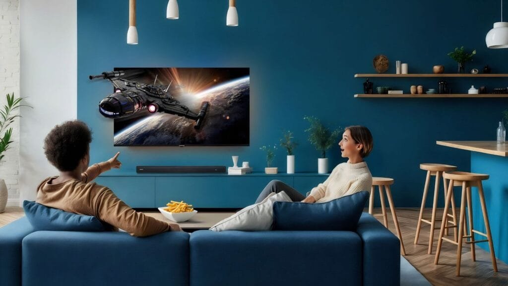 Pareja viendo contenido en televisor Challenger con nave espacial saliendo de la pantalla