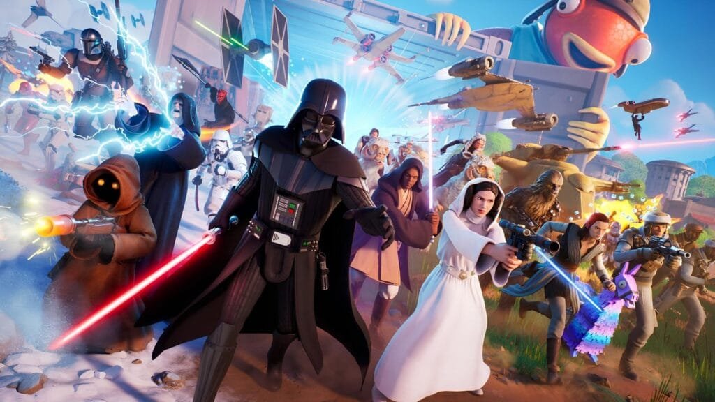 Isla Watch Party Mandalorian Grogu en Fortnite: cómo entrar, qué hacer, recompensas gratis y cuándo ver a Jon Favreau 1 Personajes de Star Wars incluyendo Darth Vader y Leia en la colaboración Fortnite Galaxy of Games