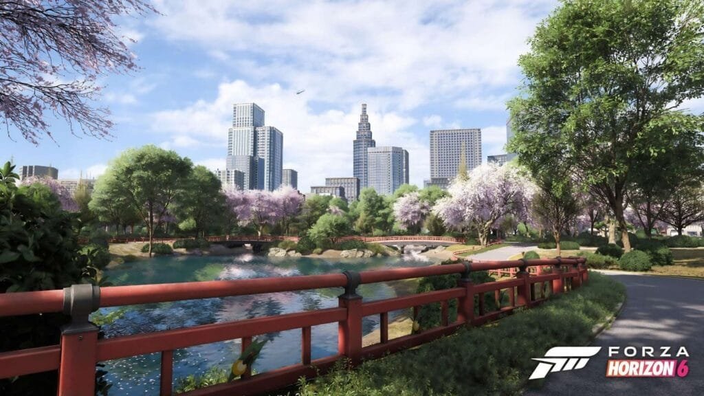 Forza Horizon 6 parque japonés con cerezos en flor y ciudad de Tokio al fondo fecha de lanzamiento mayo 2026