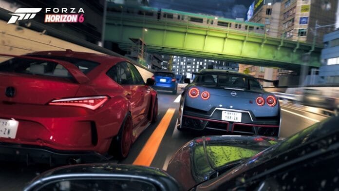 Forza Horizon 6 gameplay nocturno en autopista urbana de Tokio con Nissan GT-R y autos japoneses