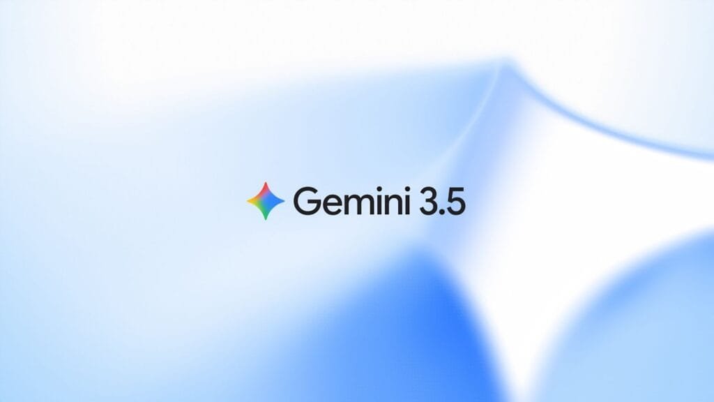Logo oficial de Gemini 3.5 sobre fondo azul degradado, anunciado en el Google I/O 2026