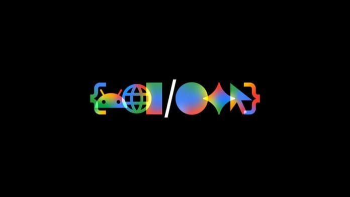 Logo oficial del Google I/O 2026 con íconos de Android, globo y estrella de Gemini en colores degradados