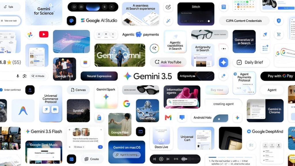 Mosaico con todos los anuncios del Google I/O 2026: Gemini Spark, Gemini Omni, Universal Cart, SynthID, Android Halo y más