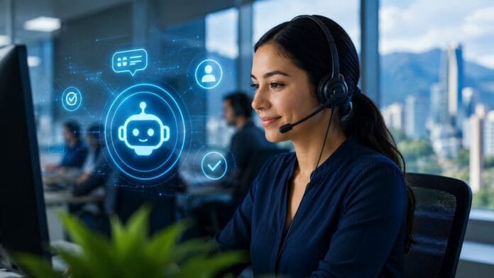Agente de IA gestionando llamadas de atención al cliente en Colombia sector bancario