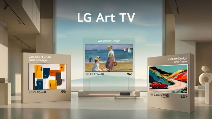 lg-art-tv-2026-w6-g6-gallery-tv-linea-completa LG Art TV 2026: los modelos OLED evo W6 Wallpaper TV, OLED evo G6 y Gallery TV LX7 presentados en una galería de arte