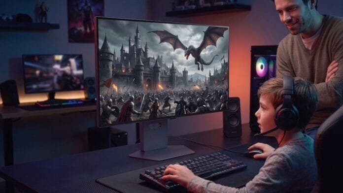 Niño gamer con audífonos jugando frente a monitor gaming mientras su padre lo acompaña