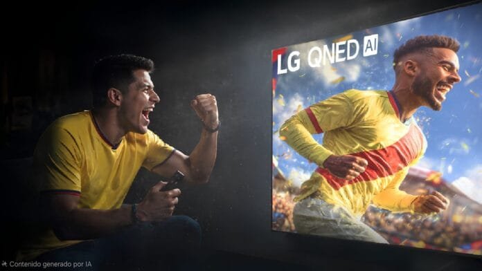 Televisor LG QNED AI mostrando jugador de fútbol con hincha colombiano viendo el Mundial 2026