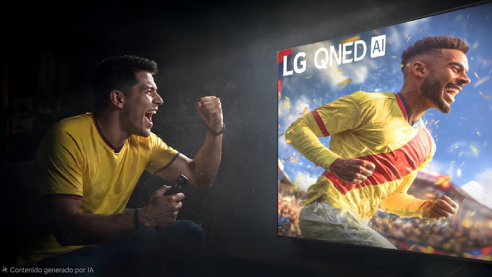Televisor LG QNED AI mostrando jugador de fútbol con hincha colombiano viendo el Mundial 2026