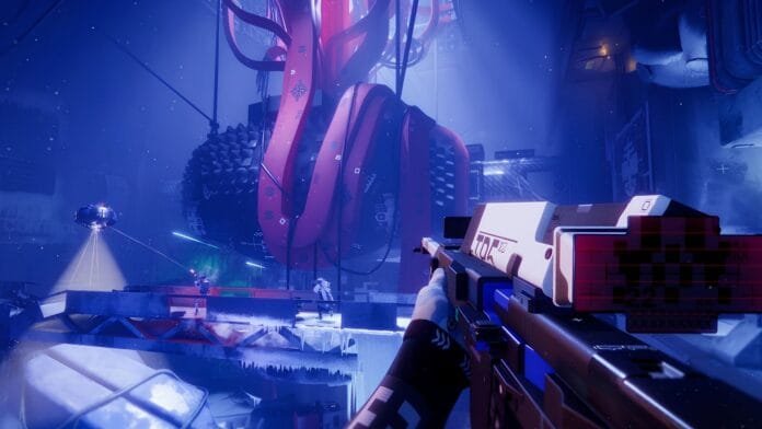 Marathon Bungie gameplay en zona interior con iluminación neón azul y rosa — extraction shooter PS5 PC 2026