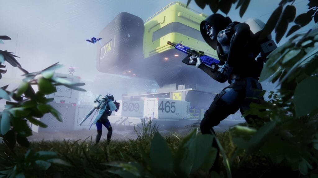 Dos Runners en posición táctica explorando exteriores de Tau Ceti IV en Marathon — extraction shooter Bungie 2026 U