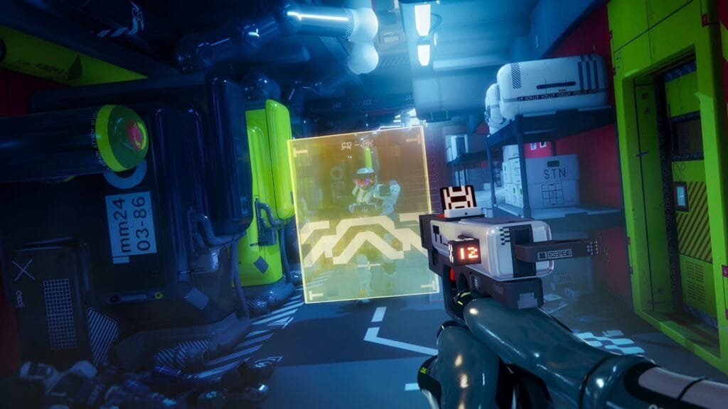 unner en Marathon Bungie interactuando con objetivo de extracción en pasillo neón — gunplay Bungie PS5 2026