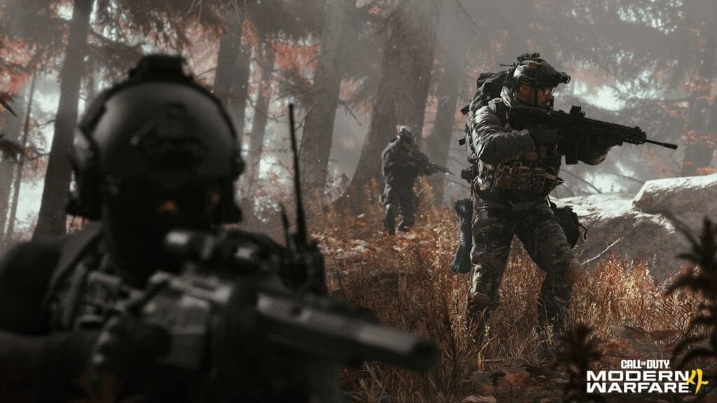 Soldados de Modern Warfare 4 en bosque de otoño, campaña ambientada en la Península Coreana