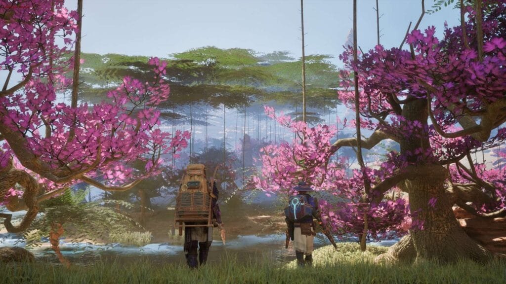 ¿Tu PC puede con Outward 2? Estos son los requisitos oficiales para Early Access en julio de 2026 2 Screenshot de Outward 2 mostrando dos personajes en el mundo de Aurai con árboles en flor