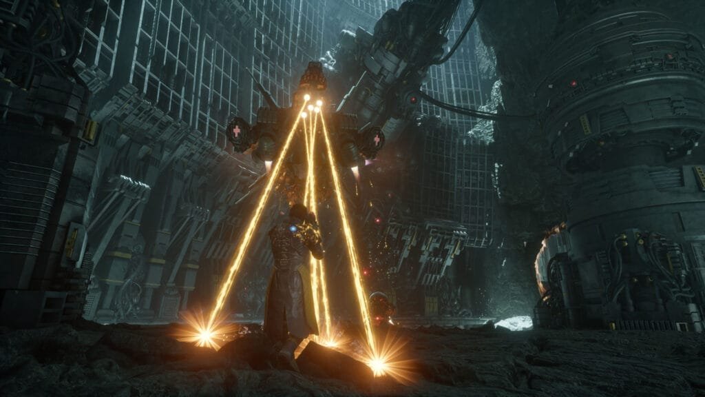 Saros PS5 jefe final ataque láser energía combate exclusivo PlayStation