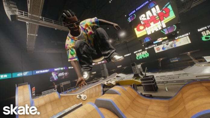 Personaje haciendo trick en rampa durante el San Van Open en skate.