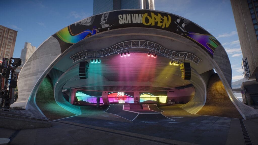 Estadio del San Van Open en skate. Temporada 4 con luces de colores y rampas