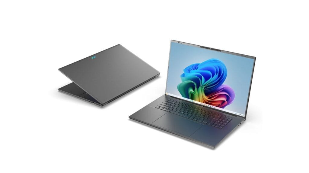 Acer Aspire 18 AI: lanzamiento y características de la nueva Copilot+ PC con pantalla de 18 pulgadas y 22 horas de batería 1 Vista frontal y trasera del Acer Aspire 18 AI mostrando pantalla WUXGA de 18 pulgadas y teclado RGB