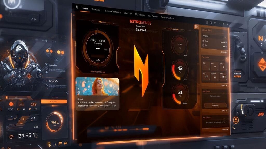 Interfaz NitroSense del Acer Nitro V15 mostrando temperaturas GPU y CPU en modo Balanced