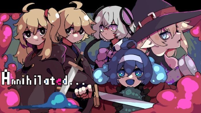 Arte promocional de Annihilated mostrando los cuatro personajes principales del RPG oscuro de Death Kumiai para Steam