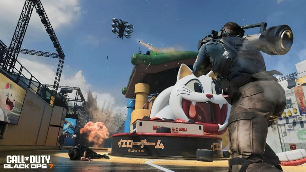 Zona central del mapa Primetime en Black Ops 7 con el gato gigante del concurso japonés