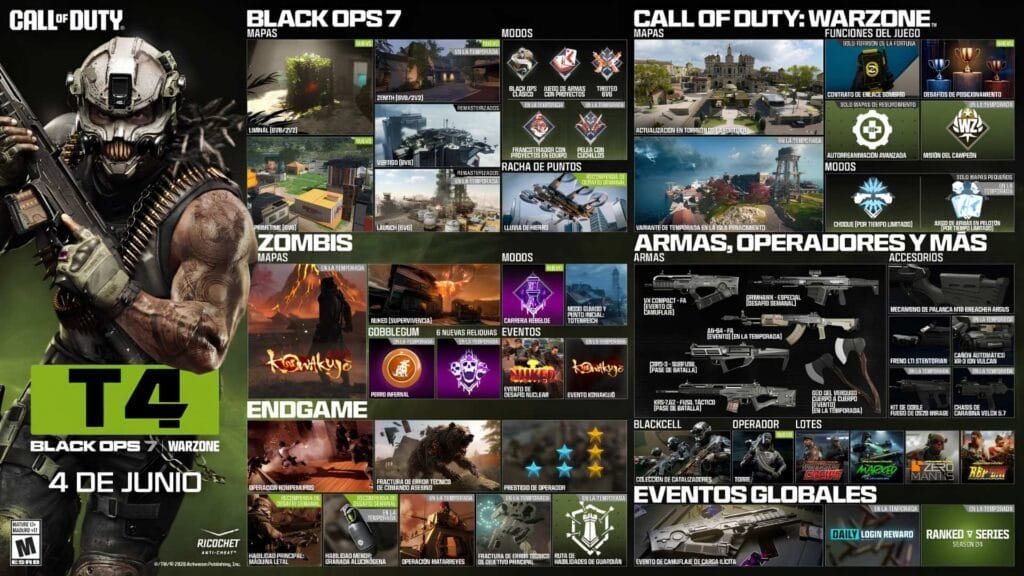 Call of Duty Black Ops 7 Temporada 4: fecha de lanzamiento, nuevos mapas, armas, Zombies, Warzone y Pase de Batalla 3 Infografía con todo el contenido de la Temporada 4 de Black Ops 7 y Warzone lanzamiento 4 de junio