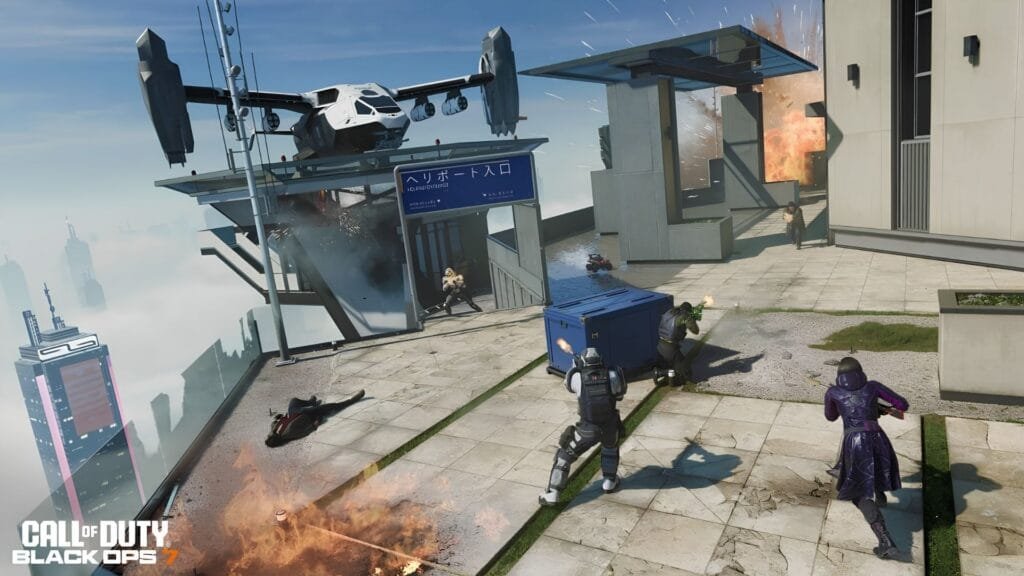 Combate en el helipuerto del mapa Vertigo en Black Ops 7 Temporada 4