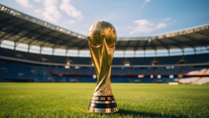 ciberseguridad-mundial-2026-amenazas-digitales Trofeo de la Copa Mundial 2026 en estadio vacío, símbolo de los riesgos digitales del torneo