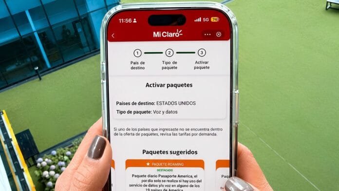 claro-app-mi-claro-activar-pasaporte-america-mundial-2026 Pantalla de la app Mi Claro mostrando el proceso de activación del Pasaporte América con precio de $6.900 COP para roaming en Estados Unidos