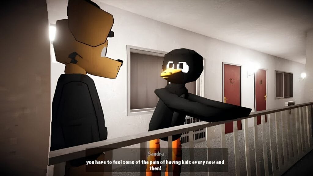 Personajes Dan y Basil de FERALPALS en conversación dentro del edificio Capítulo 1