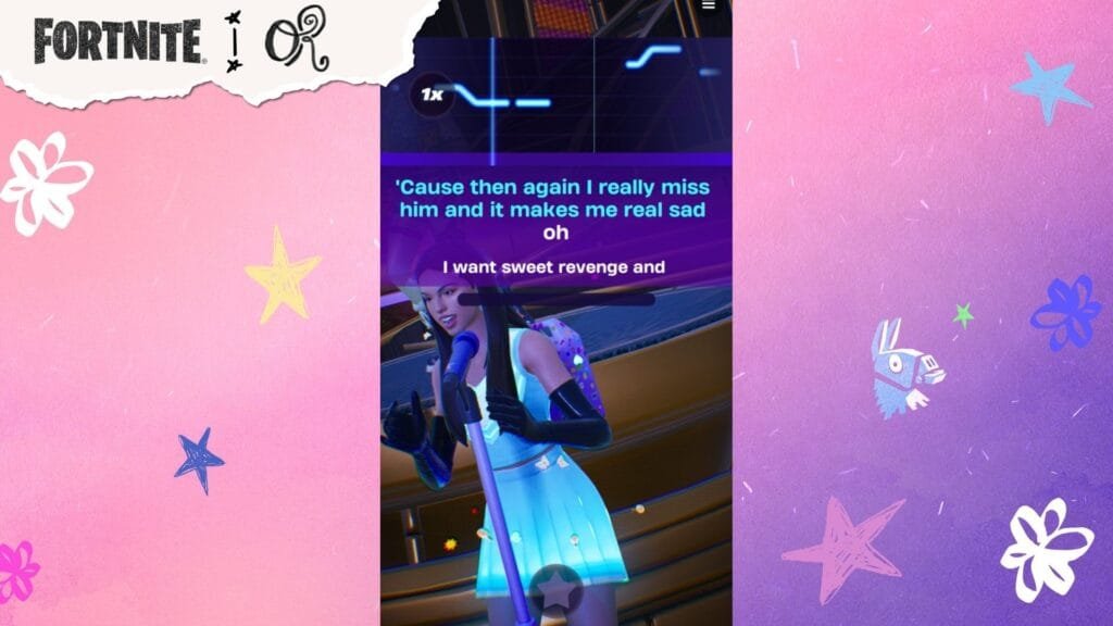 Modo Karaoke de Fortnite Festival en celular con el atuendo SOUR de Olivia Rodrigo