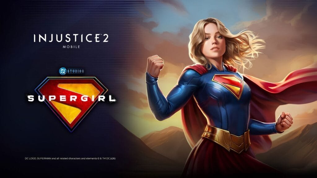 Supergirl con traje clásico azul y rojo lista para combate en Injustice 2 Mobile