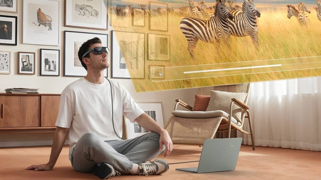 Acer presenta las tablets Iconia Duo S14, S12 y D12 y los lentes AR Vision GR0 y GI0 AI: precios, especificaciones y ficha técnica completa 1 Persona usando los lentes Acer AR Vision GR0 conectados a laptop