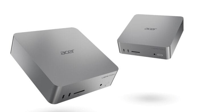 acer-veriton-ra110-mini-pc-escritorio Acer Veriton RA110 sobre escritorio junto a monitor curvo con Windows 11