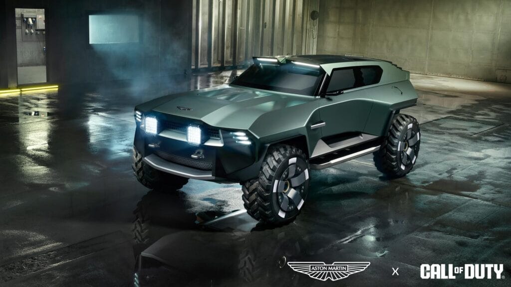 Diseño frontal del Aston Martin Dreadnought con blindaje y neumáticos todoterreno