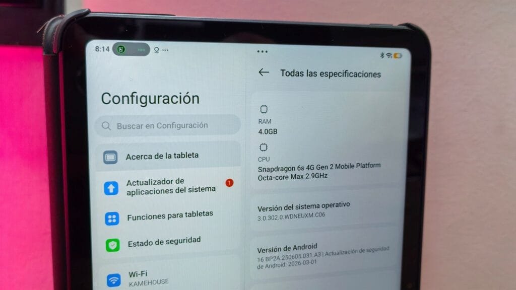 REDMI Pad 2 9.7 en Colombia: precio oficial, especificaciones, ficha técnica y análisis completo tras varias semanas de uso 2 Especificaciones REDMI Pad 2 9.7: Snapdragon 6s 4G Gen 2 y Android 16 confirmados en ajustes del dispositivo