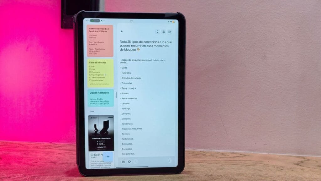 REDMI Pad 2 9.7 en Colombia: precio oficial, especificaciones, ficha técnica y análisis completo tras varias semanas de uso 5 REDMI Pad 2 9.7 en modo vertical con Google Keep — tablet para estudiantes universitarios en Colombia