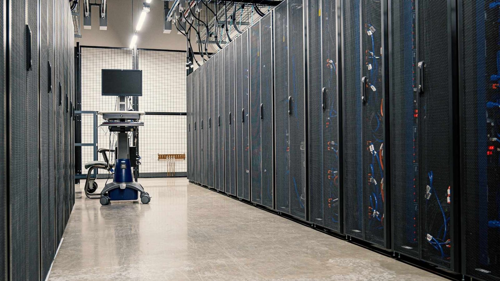 Pasillo de un centro de datos que consume agua para refrigerar sus servidores