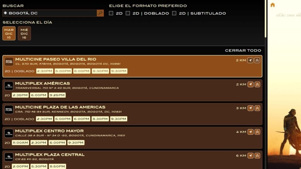 Dune: Parte Tres ya tiene preventa en Colombia: estos son los cines, horarios y cómo comprar boletas para el estreno de diciembre 1 Buscador de cines y horarios para Dune Parte Tres en Bogotá
