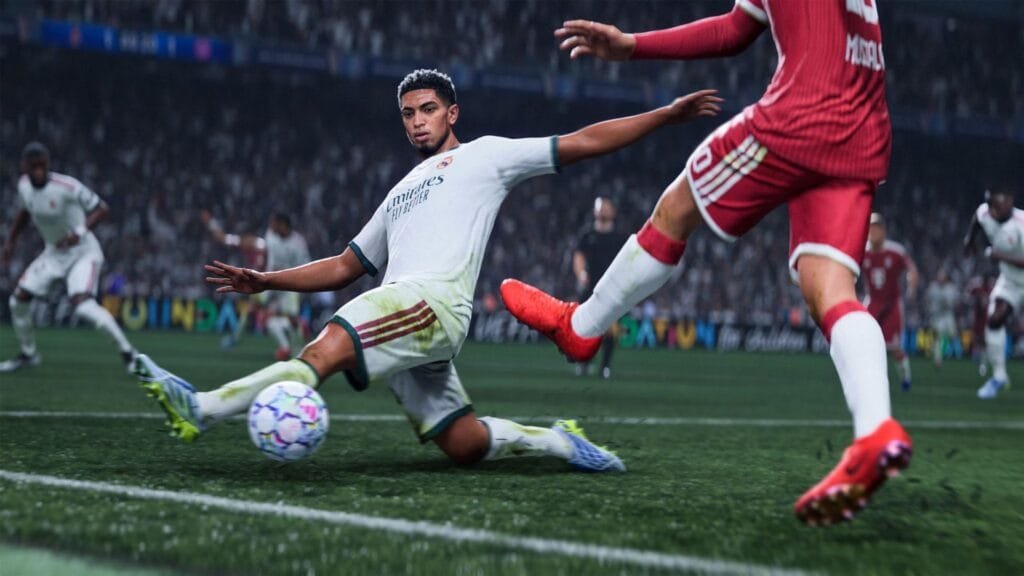 Jugabilidad de EA SPORTS FC 27 con Jude Bellingham defendiendo