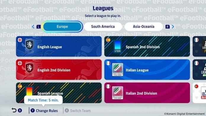 Leagues Mode de eFootball Kick-Off con selección de 25 ligas