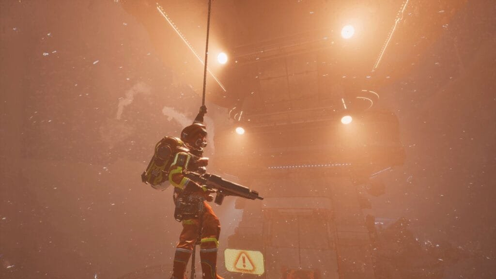 Exterminaut usando herramientas de trabajo como arma en interior industrial