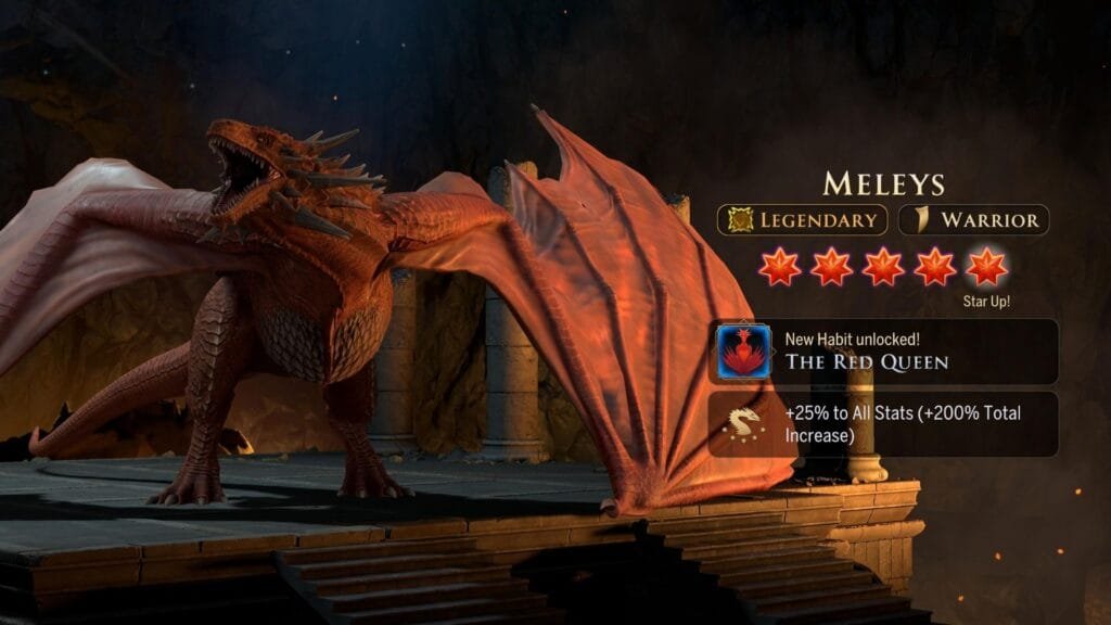 Meleys, la Reina Roja, ya vuela en Game of Thrones: Dragonfire: así se desbloquea el dragón más pedido por los jugadores 1 Meleys como Guerrero Legendario en Game of Thrones: Dragonfire