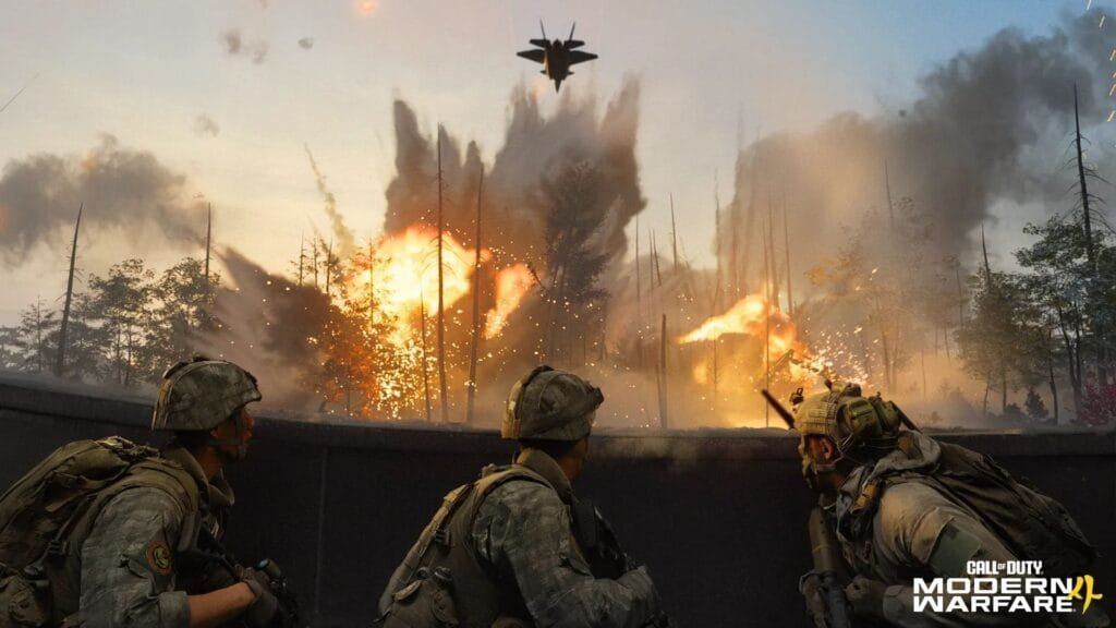 Escenario de combate en Call of Duty Modern Warfare 4 con soporte aéreo