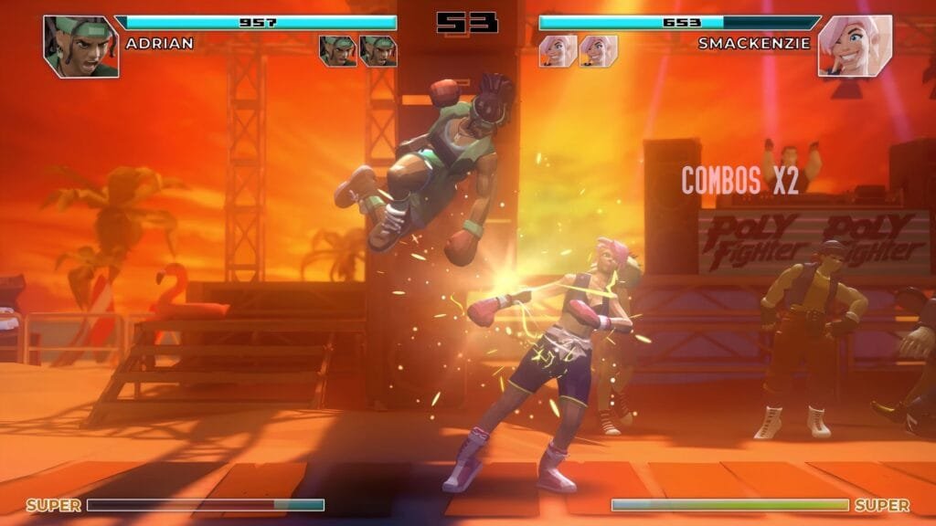 Combo aéreo en Poly Fighter mostrando el sistema de combate 1v1 del juego