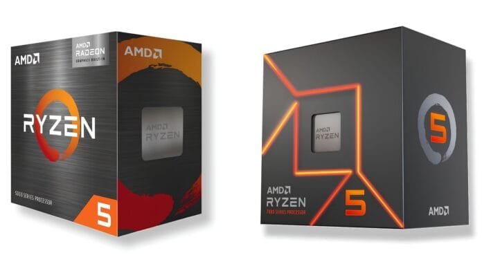 Cajas del AMD Ryzen 5 5500F y el AMD Ryzen 5 7500 lado a lado