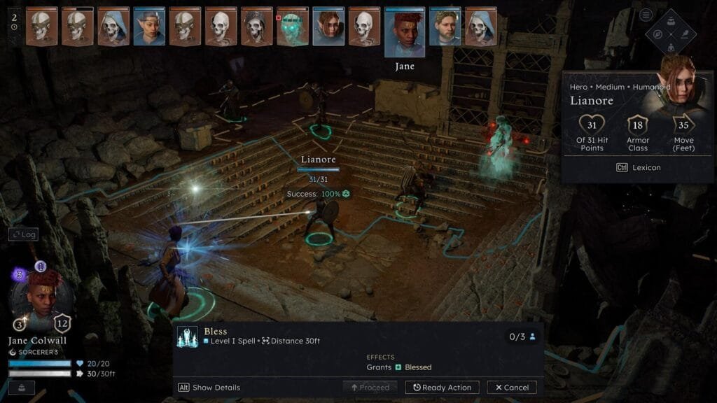 Grupo de aventureros explorando una mazmorra en Solasta II con varios personajes