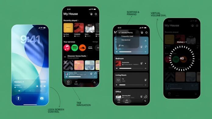 sonos-27app-navegacion-perilla-volumen Sonos 27app: nueva navegación con pestañas Inicio, Sistema y Búsqueda y perilla de volumen virtual