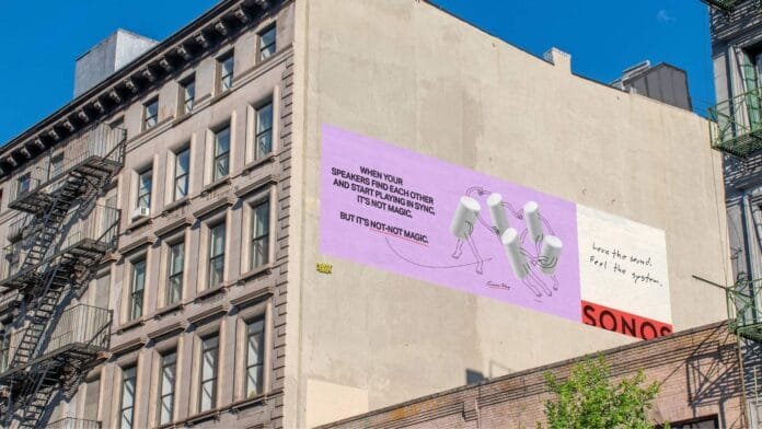 sonos-campana-love-the-sound-feel-the-system-mural Mural publicitario de Sonos en Nueva York con el eslogan Love the Sound Feel the System
