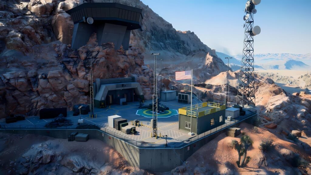 Calendario de la Temporada 5 de Battlefield 6: fechas de cada fase, evento de Dead Space, Open Series y prueba gratis en hora Colombia 4 Mapa Área 51 de Battlefield 6 con helipuerto y torre de comunicaciones en el desierto de Nevada